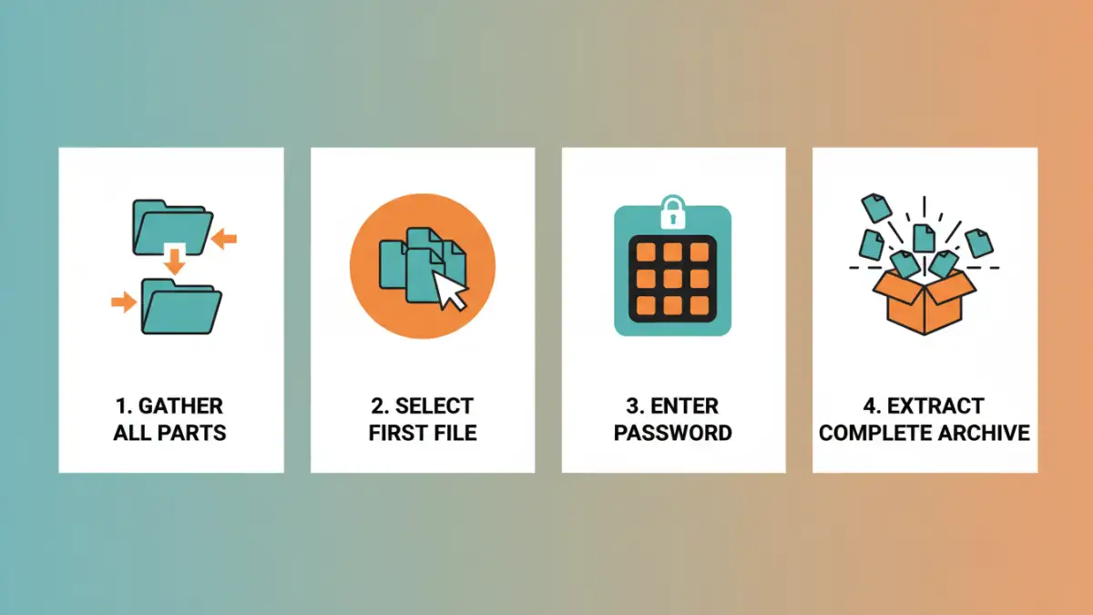 reassemble password protected files reassemble password protected files - Step-by-step infographic for extracting multi-part password protected archives