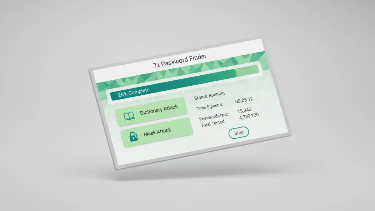recover 7z archive password recover 7z archive password - Conceptual interface of a 7z password finder tool showing a brute-force attack in progress