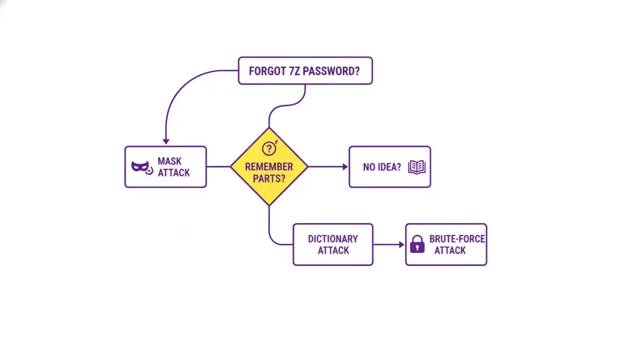 recover 7z archive password recover 7z archive password - Infographic flowchart explaining the decision process for 7zip password recovery methods