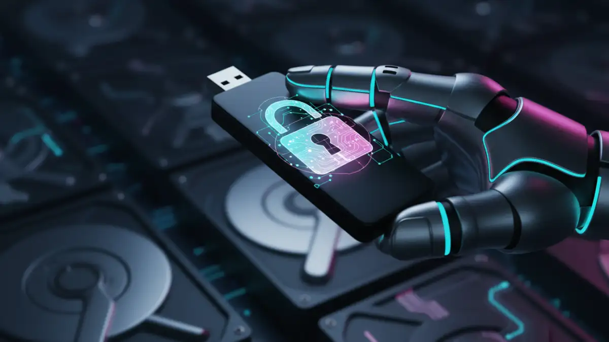 recover encrypted file - Hand holding a USB drive with an encryption lock icon