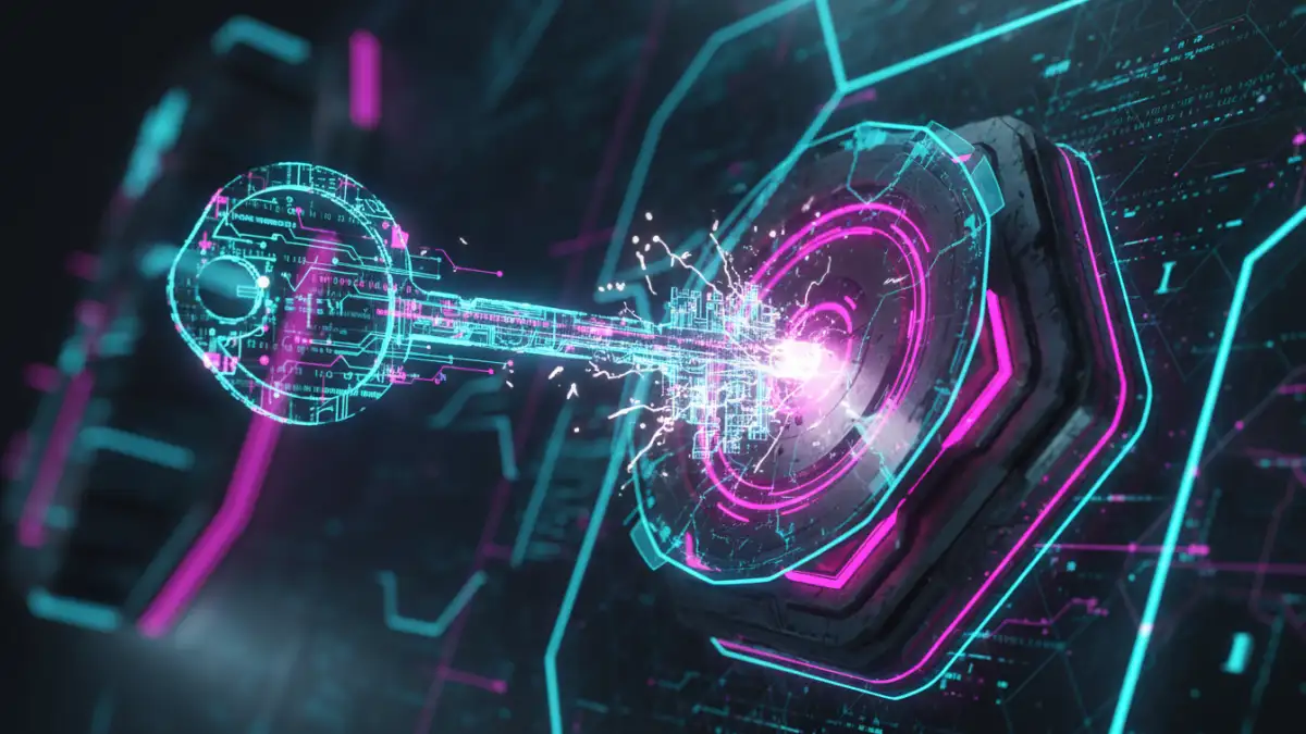 recover encrypted file password - An abstract image showing a digital key attempting to unlock a fortified digital lock, representing AES encryption recovery.