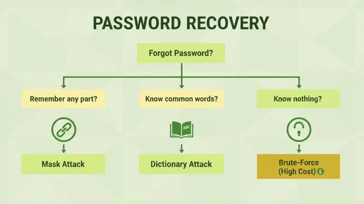 recover encrypted file password - A flowchart showing the decision process for choosing a password recovery method like mask or dictionary attacks.
