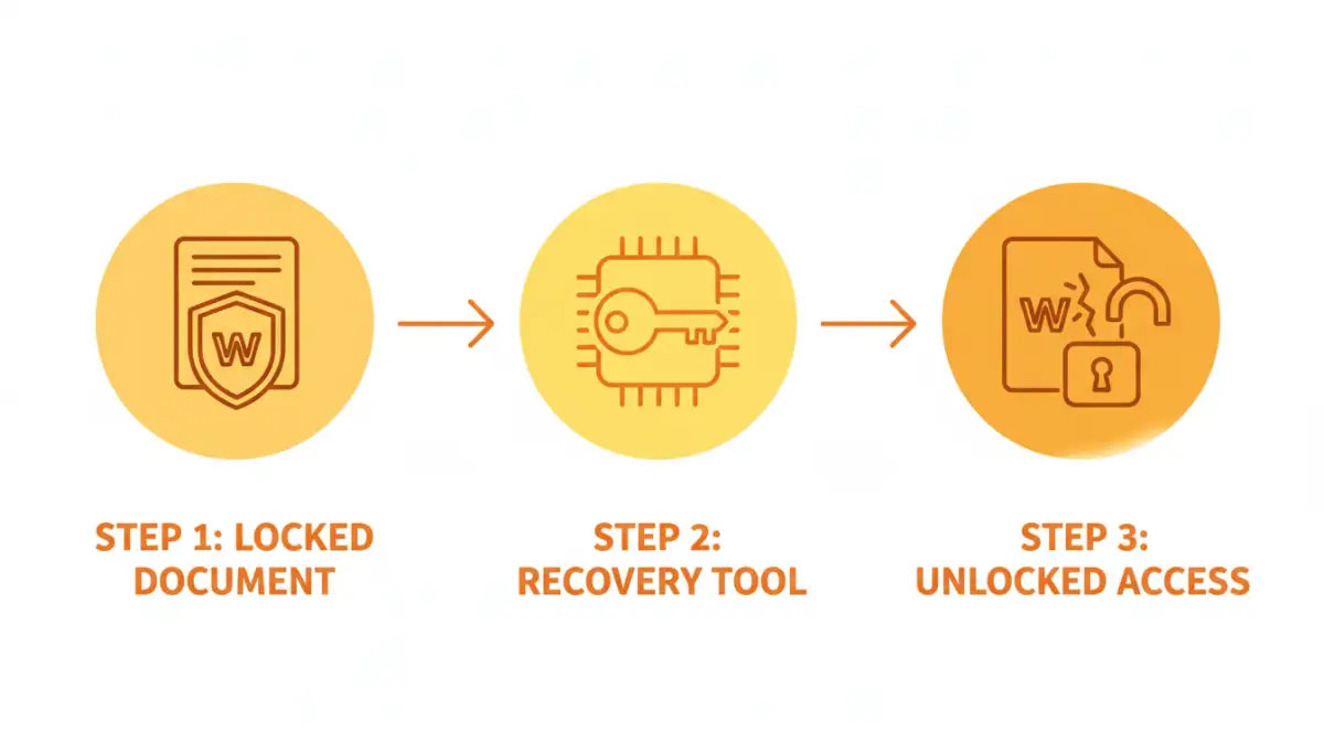 recover lost document password - A flowchart showing the three main stages of the file password recovery success process.