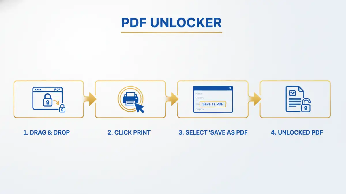 recovered password protected document recovered password protected document - Infographic showing the 4 steps to unlock a PDF using a browser's print function.