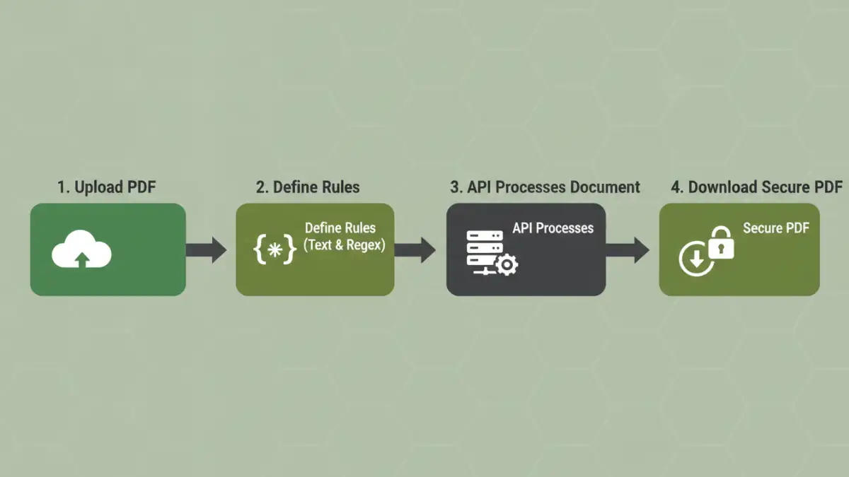 redacting sensitive pdf redacting sensitive pdf - Infographic showing the 4-step workflow of using a PDF redaction API.