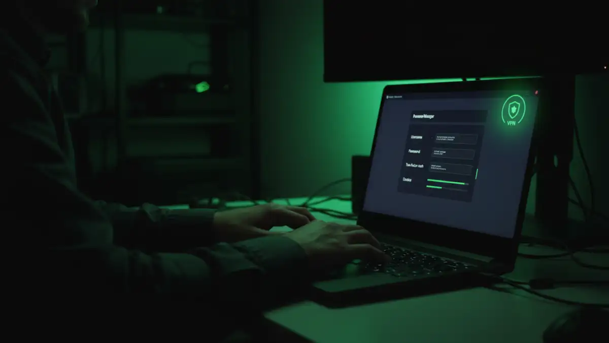 remote work document security remote work document security - A remote worker using essential security tools like a VPN and password manager on their laptop.