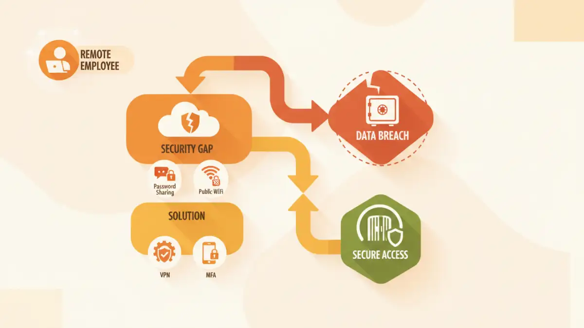 remote work document security remote work document security - Infographic flowchart illustrating the risks and solutions for work from home file safety.