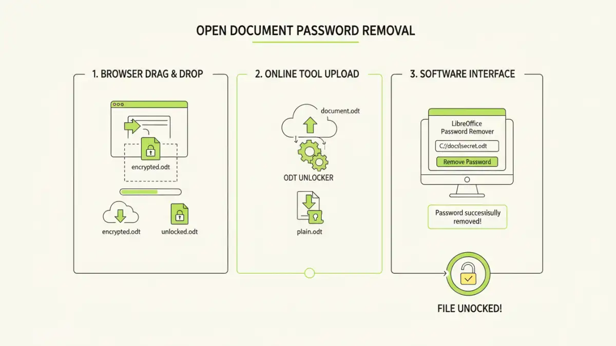 Educational infographic showing remove OpenDocument password process and key concepts