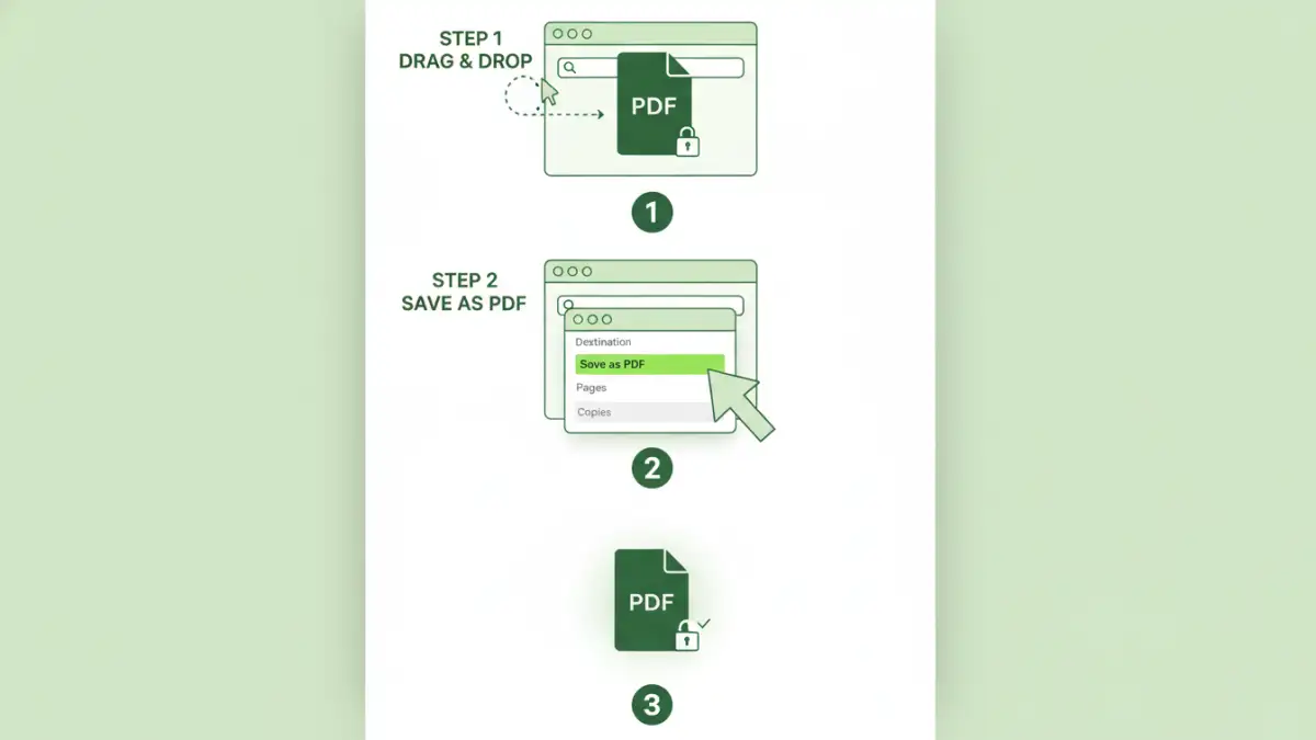 remove password from pdf - Infographic showing the three steps to remove a PDF password using a web browser's print function.