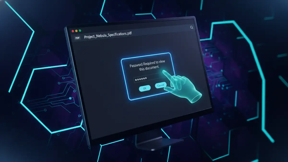 remove pdf password tool - 3D render of a PDF password prompt being bypassed