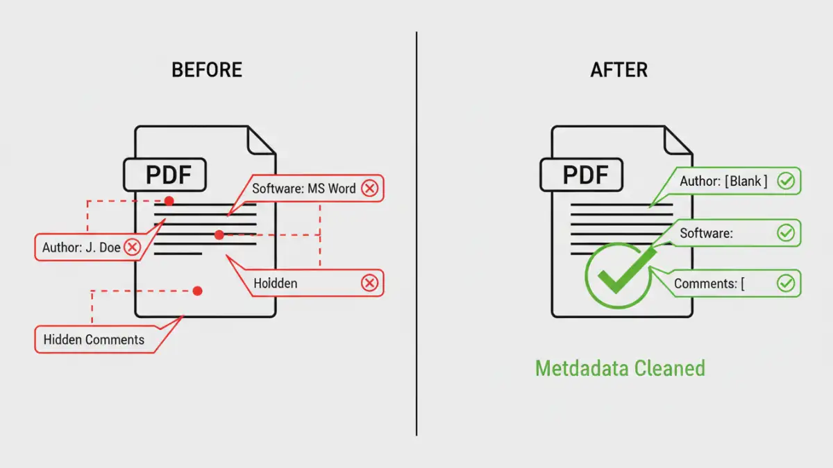remove pdf security data - Infographic comparing a PDF with and without hidden metadata.