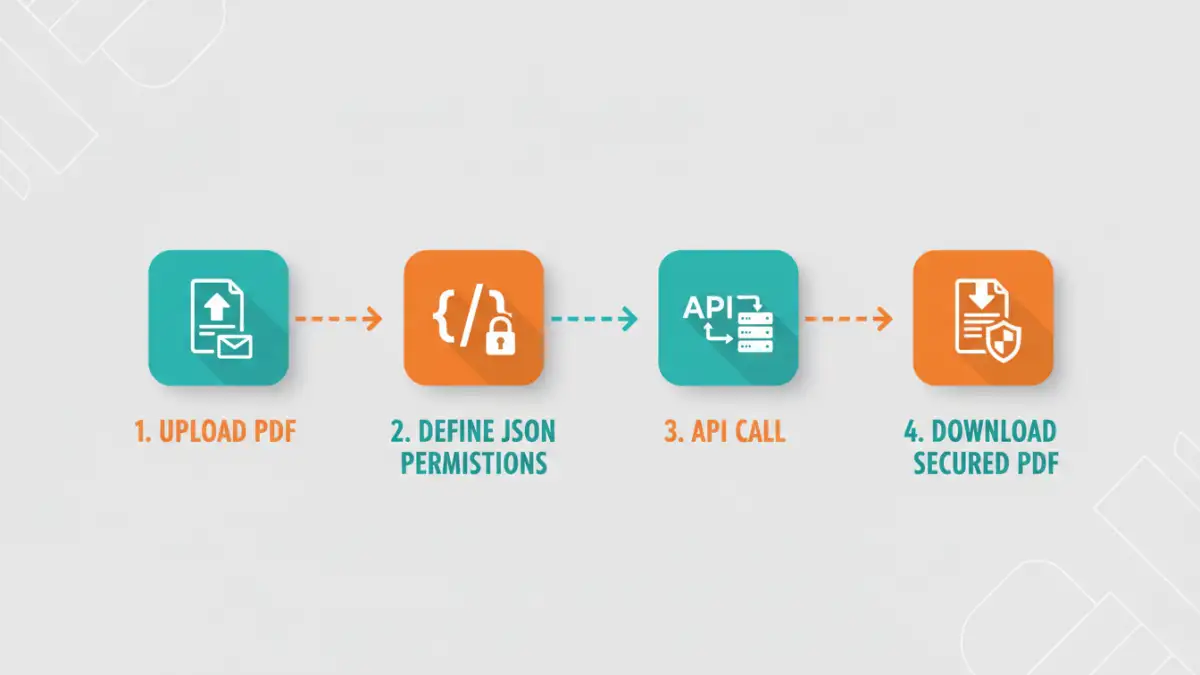 restrict pdf printing - Infographic showing the 4-step process of using a PDF user permissions API.