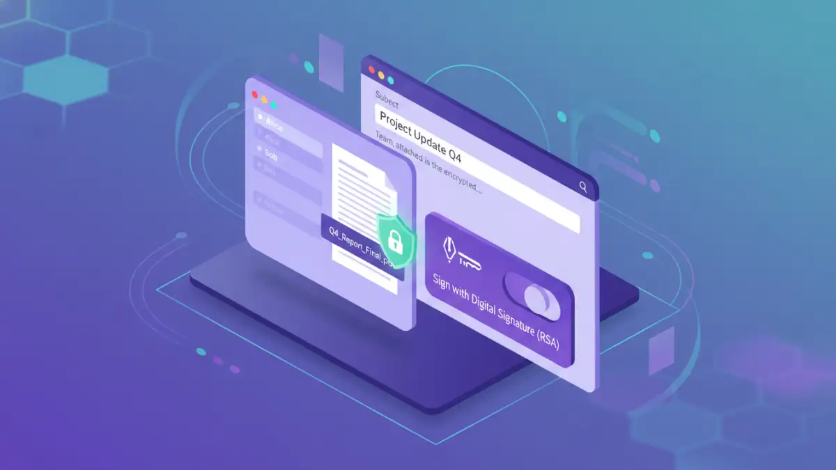 RSA encryption for documents RSA encryption for documents - A mock-up of an email client showing a document being secured with an RSA digital signature.