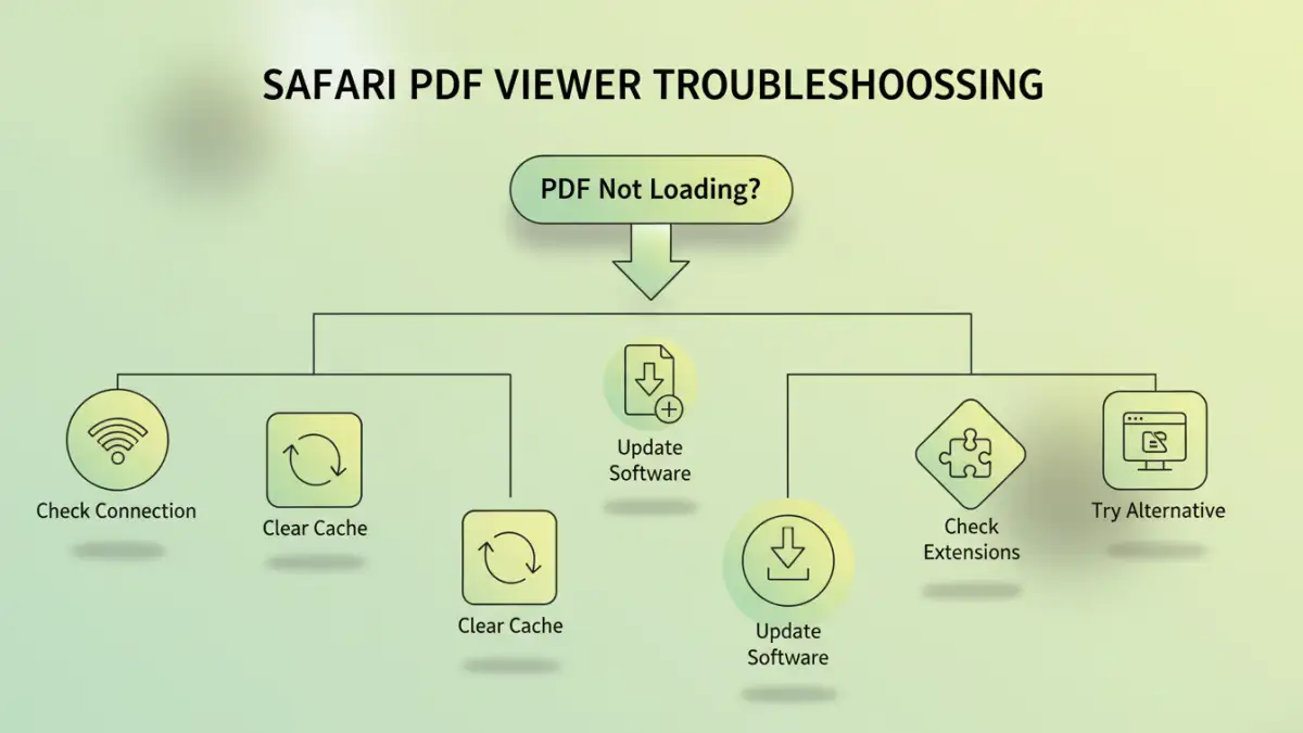 safari pdf viewer Infographic of troubleshooting steps for Safari PDF viewer issues