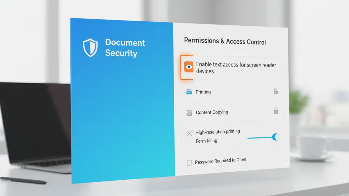 secure accessible pdf standards - A software dialog box demonstrating the granular security permissions available under PDF 2.0 for accessibility