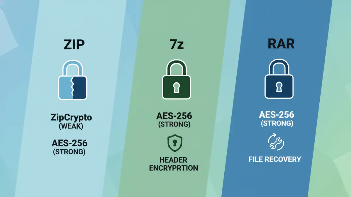 secure document archiving formats - Infographic detailing the encryption differences between ZIP, 7z, and RAR