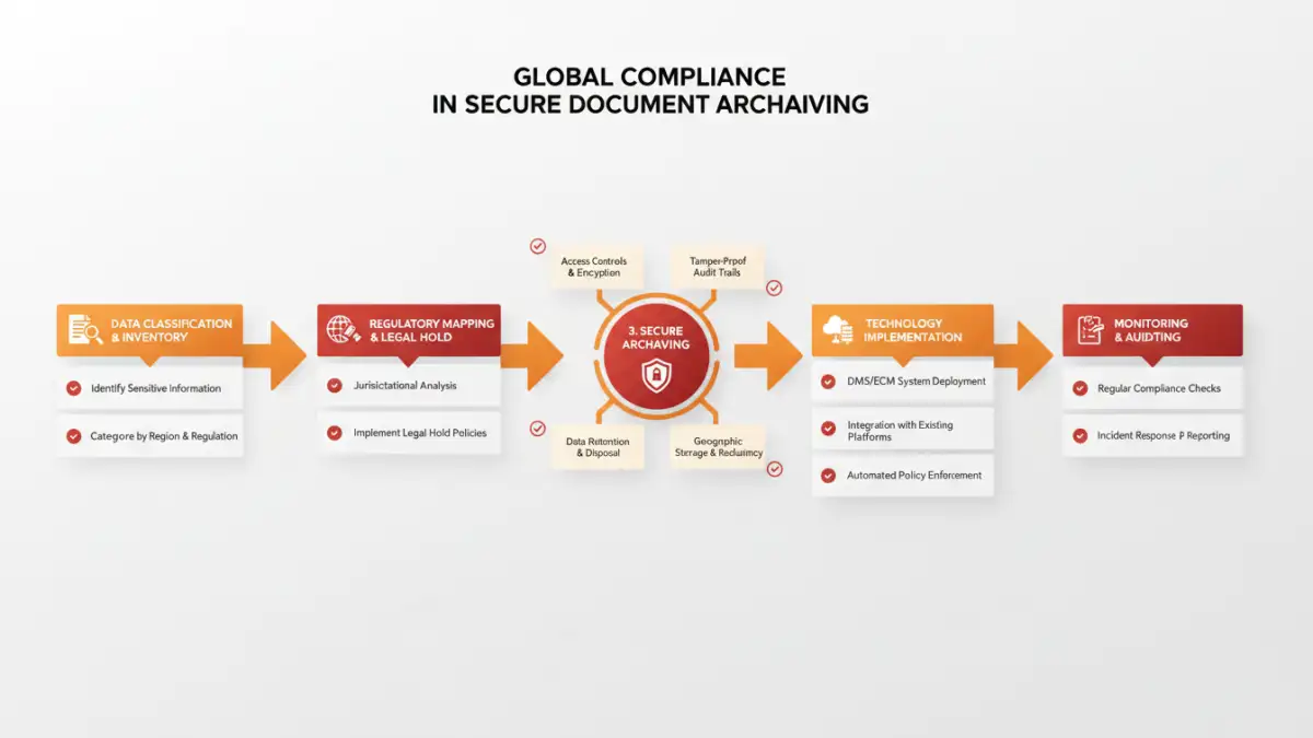secure document archiving - Infographic detailing steps for global compliance in digital record keeping, including data classification and technology solutions.
