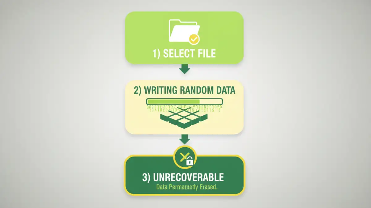secure document deletion - Infographic explaining the three-step process of secure file shredding from selection to permanent deletion.
