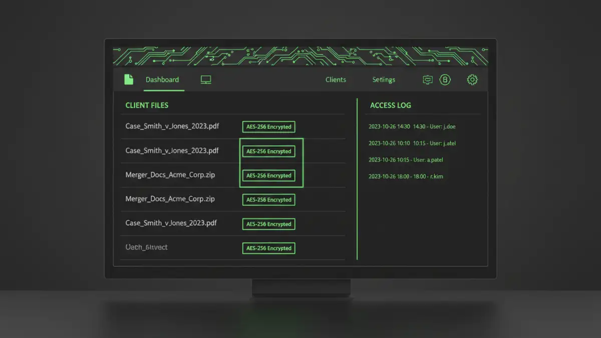 secure document encryption - A modern document management system interface showing encrypted client files and access logs for enhanced law firm cybersecurity.