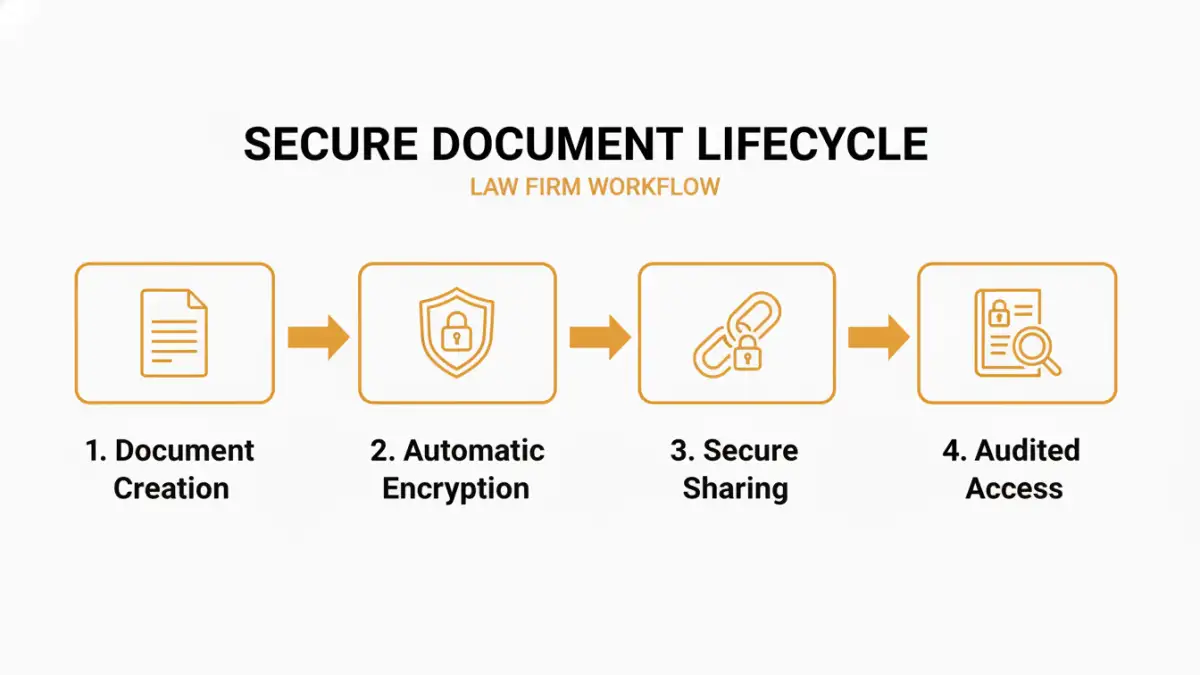 Infographic showing the four key stages of secure document encryption in a legal workflow.