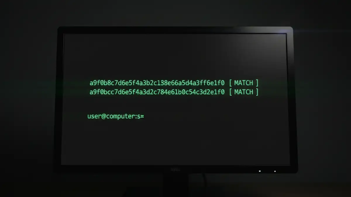 secure document integrity secure document integrity - A computer screen showing a successful file authenticity check by comparing SHA-256 hash values.