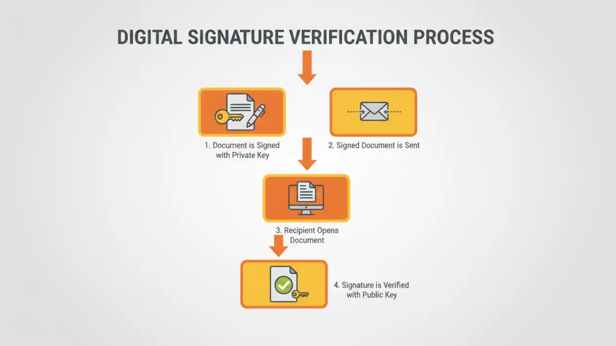 secure document integrity secure document integrity - Infographic flowchart explaining the steps of digital signature verification for file authenticity.