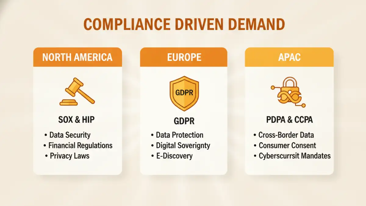 Infographic comparing compliance drivers like GDPR and HIPAA in the secure document management market.