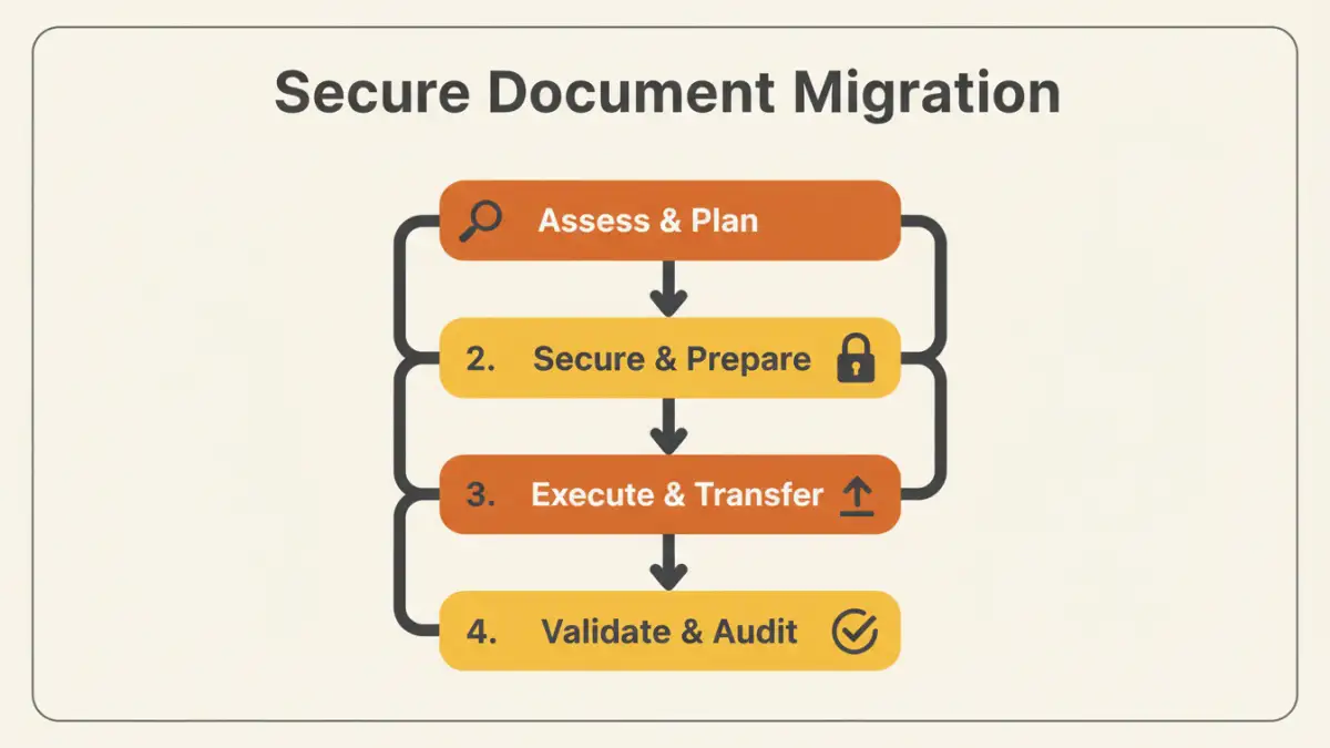 secure document migration - Infographic showing the four essential stages of a secure file migration.