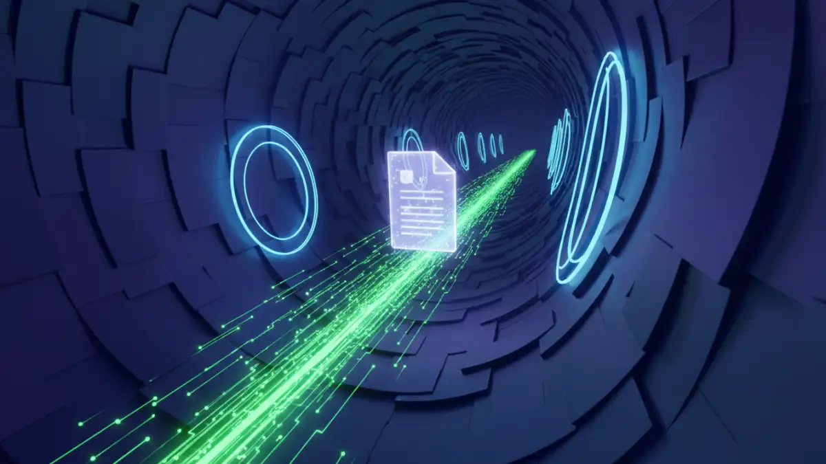 secure document sharing secure document sharing - A secure, expiring link visualized as a document passing through a time-gated digital tunnel.
