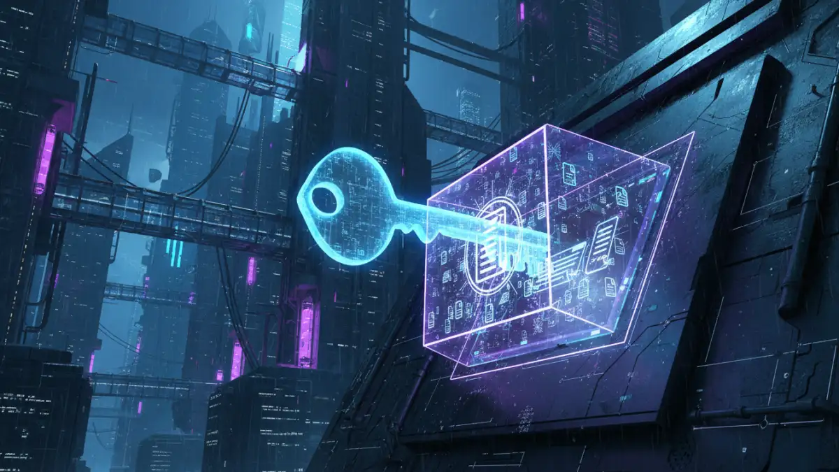 Symbolic image of a key unlocking a digital vault, representing secure document sharing for whistleblowers.