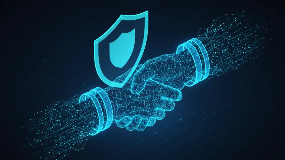 A digital handshake representing secure document sharing and client trust.