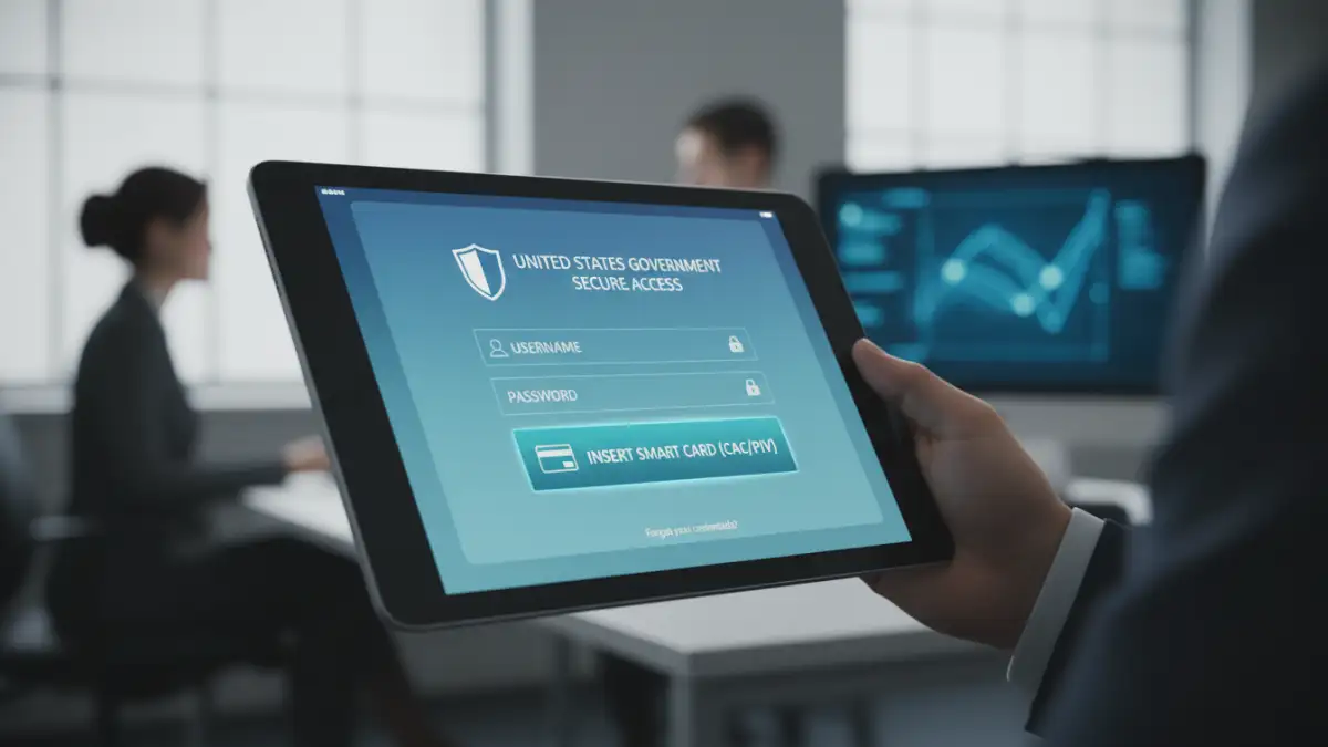 secure document sharing government - A user logging into a secure government portal using multi-factor authentication with a smart card.