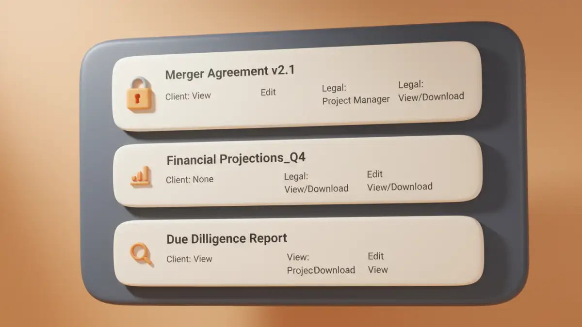 secure document sharing - An example of a virtual data room interface showing granular user permissions for documents.