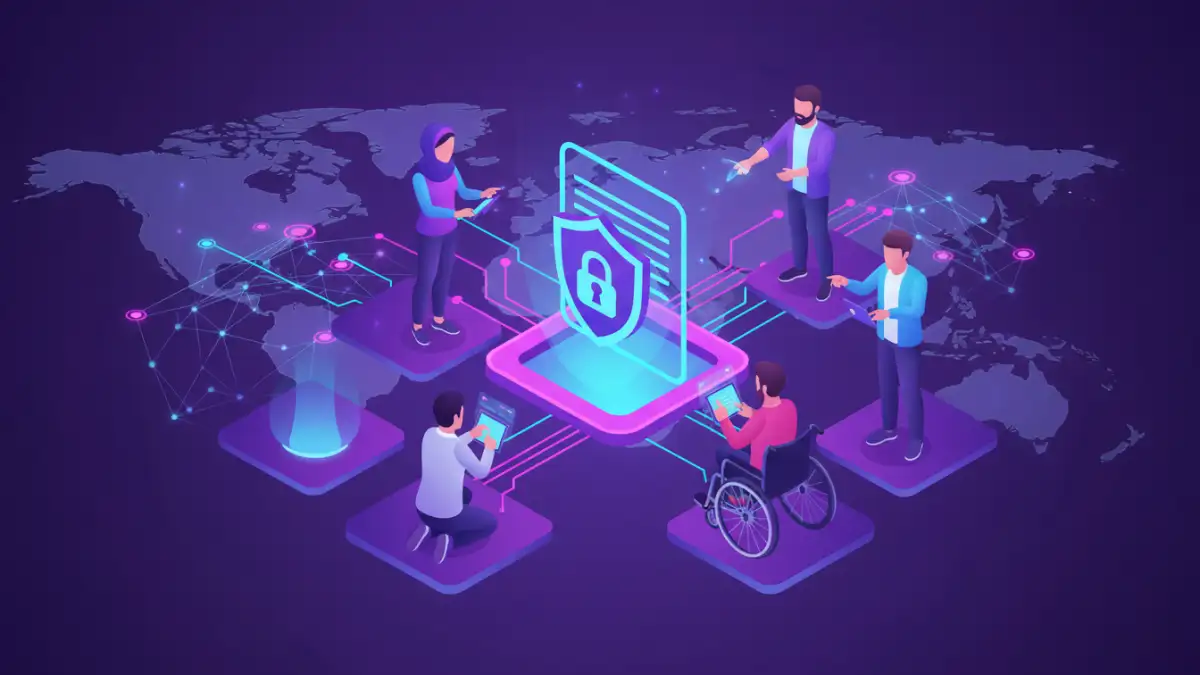 secure document sharing - Professionals collaborating securely on documents in a global network