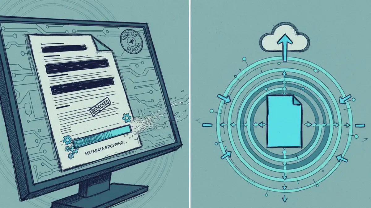 secure document sharing - Illustration showing document metadata being removed before being sent through an anonymous network.