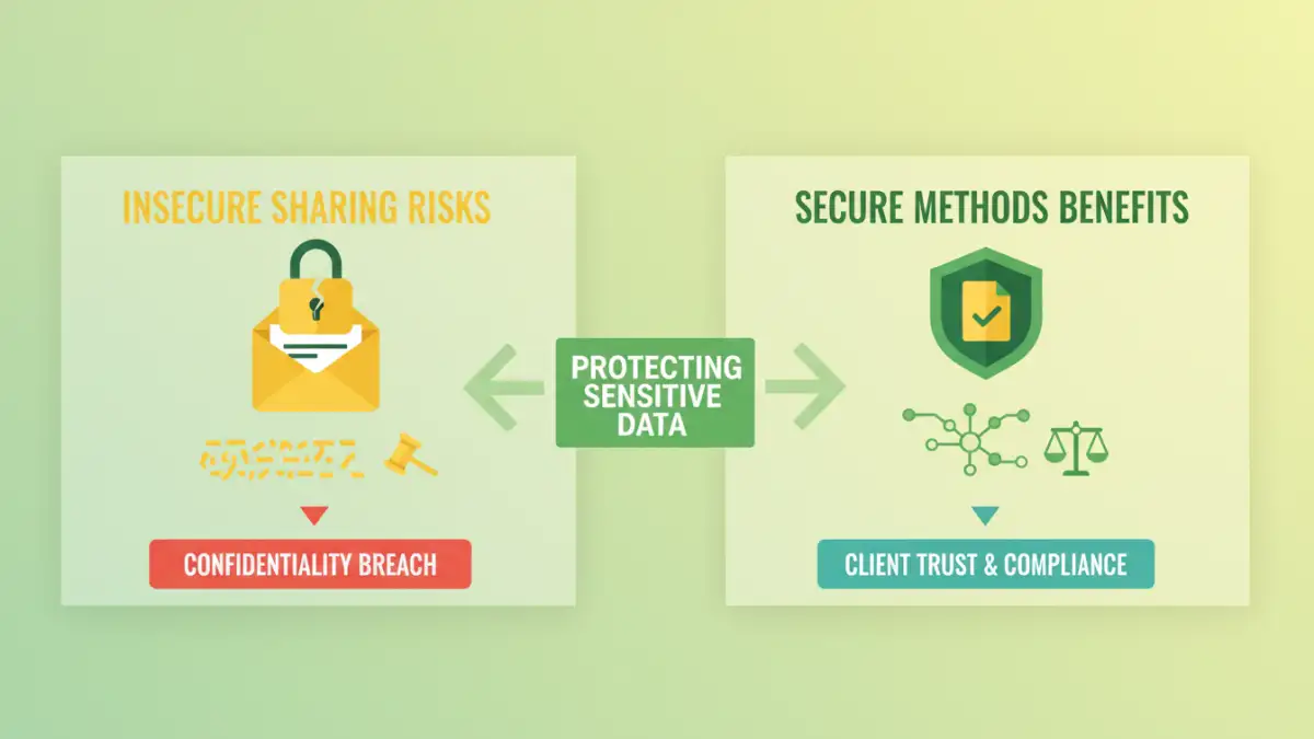 Infographic comparing insecure vs. secure document sharing methods for legal professionals