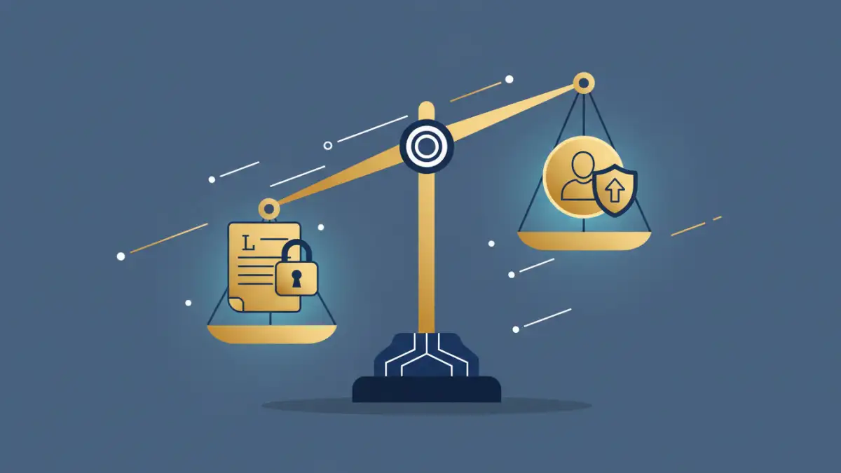 secure document sharing legal - A modern graphic symbolizing the balance between security and access in legal document sharing.