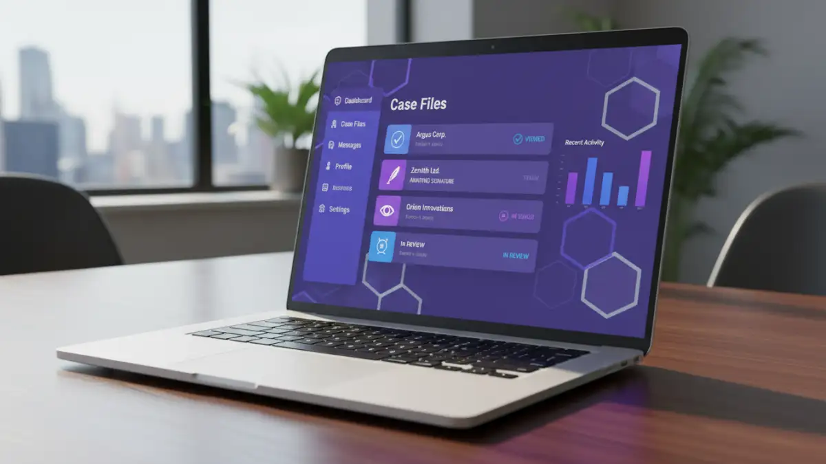 secure document sharing legal - A laptop screen showing the dashboard of a client portal for lawyers.