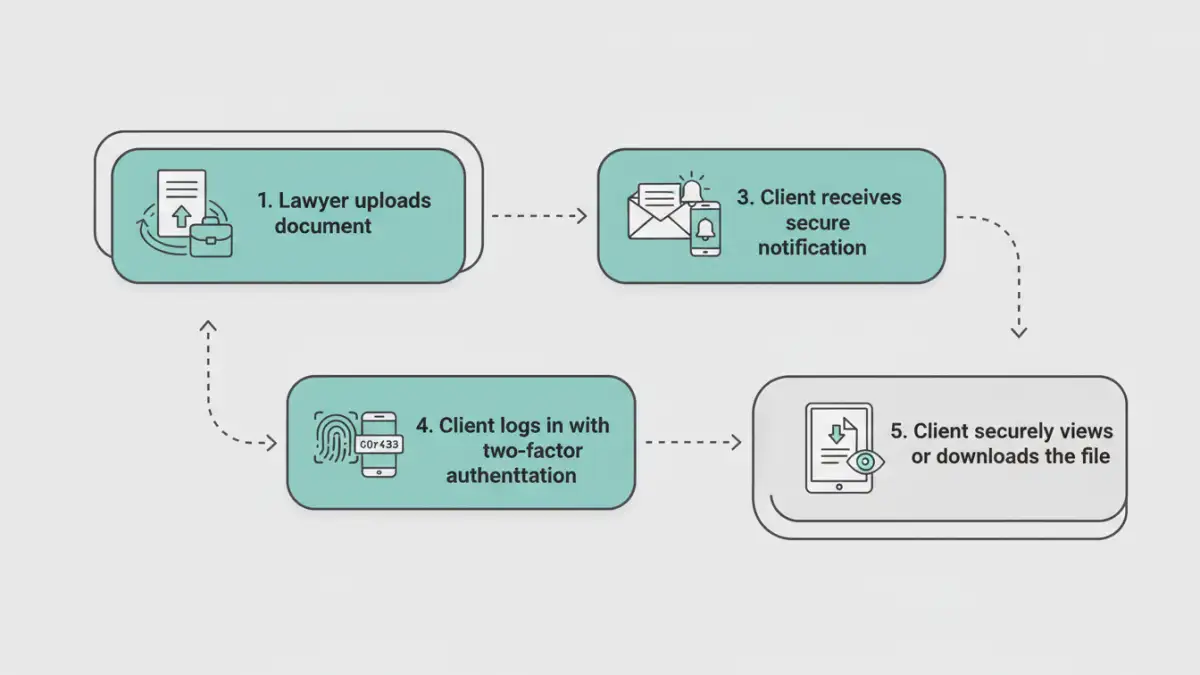 secure document sharing legal - Infographic flowchart showing the steps for secure document sharing through a lawyer's client portal.