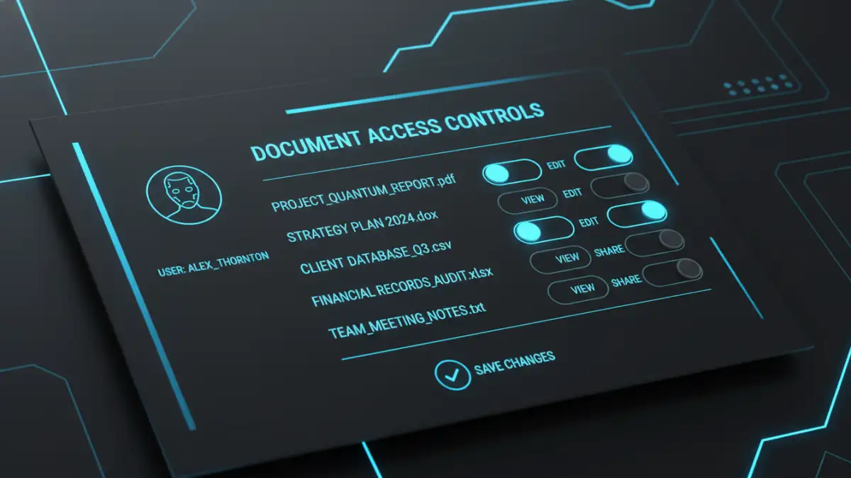 secure document sharing trends - A modern dashboard interface showing granular document access control settings.