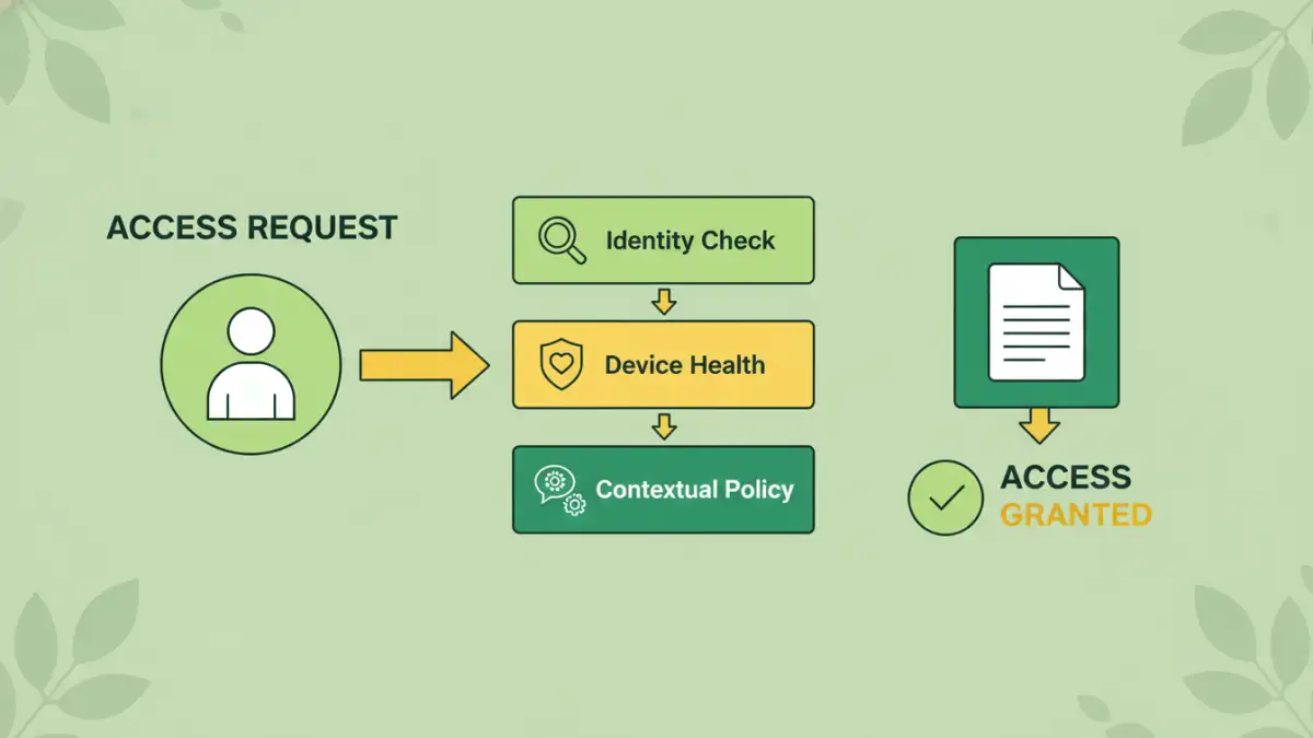 secure document sharing trends - Infographic flowchart explaining the Zero Trust verification process for document access.