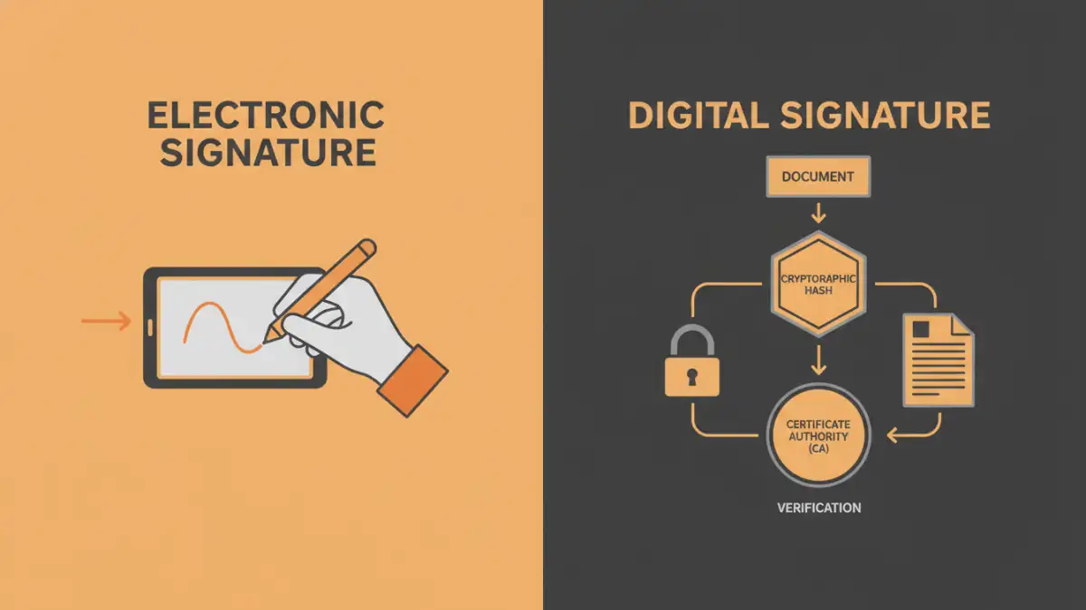 secure document signature apps - Infographic comparing the simplicity of an electronic signature to the cryptographic complexity of a digital signature.