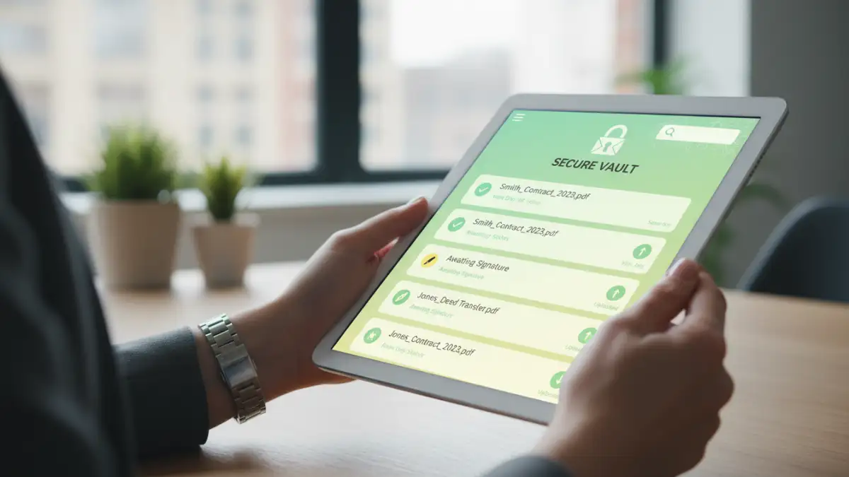secure document vault - A real estate agent securely accessing client files on a tablet using a document vault application.