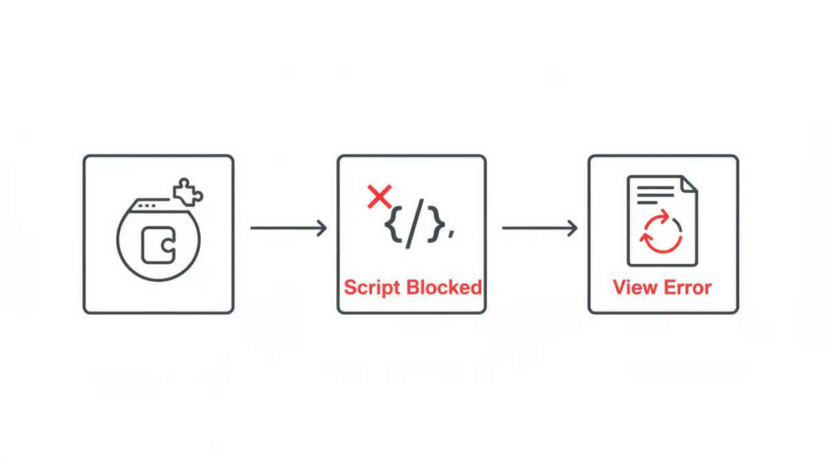 secure document view errors secure document view errors - Infographic explaining how an extension blocks a script, causing a view error.