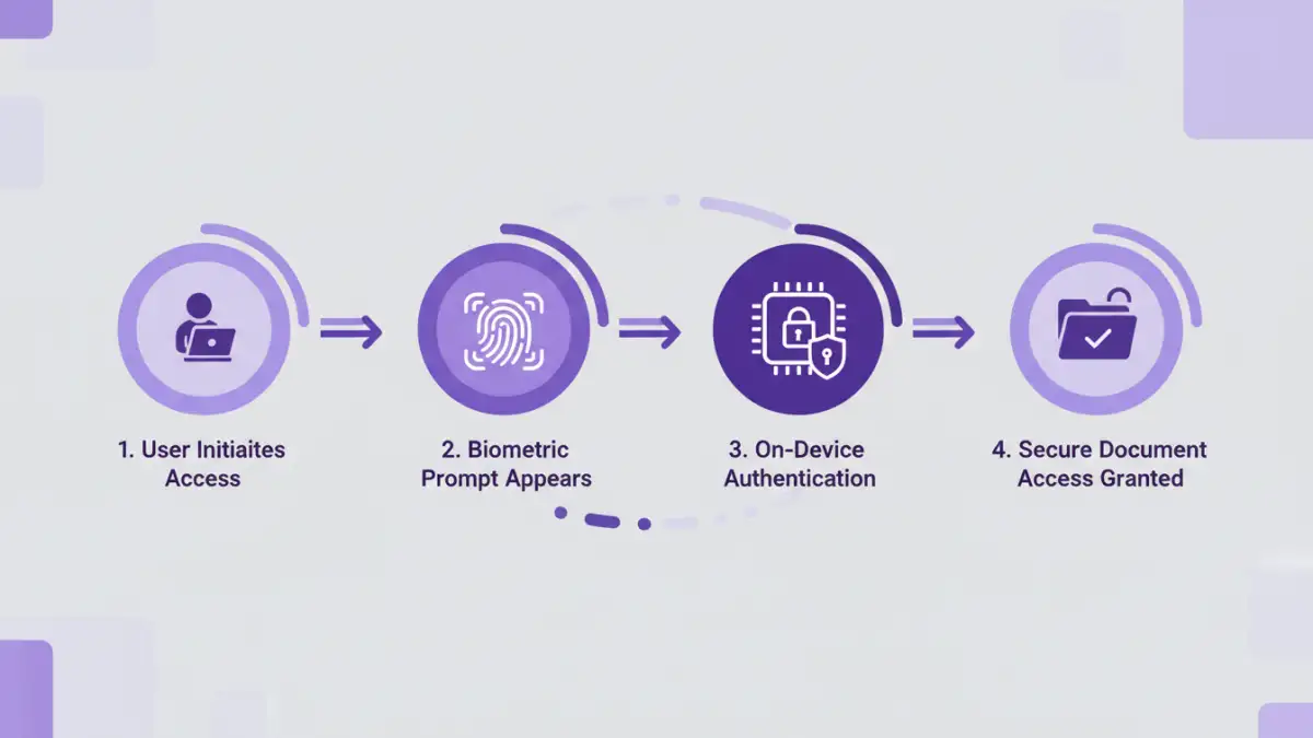 secure documents biometric access - Infographic flowchart explaining the process of biometric authentication for document security.