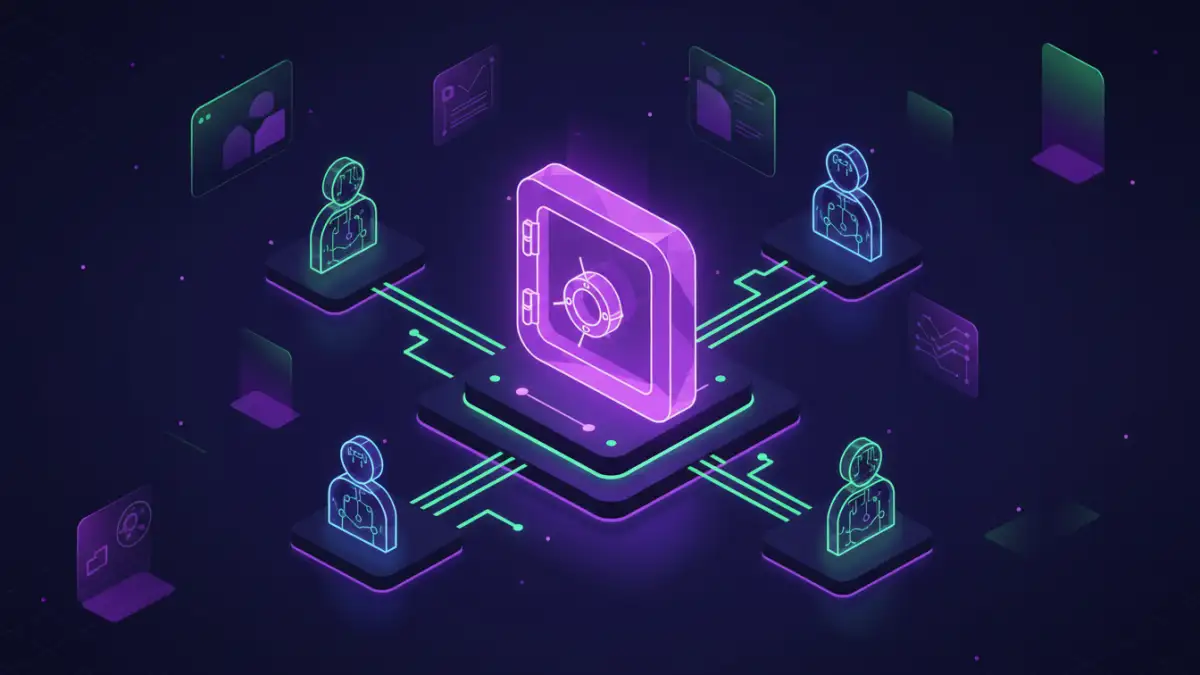 An illustration showing a secure central document hub connected to remote team members, representing secure documents for remote teams.
