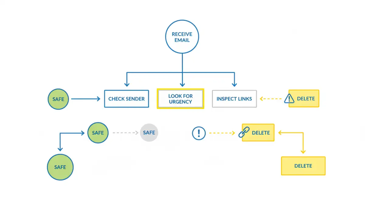 secure documents phishing - An infographic flowchart showing steps to identify and handle a phishing email.