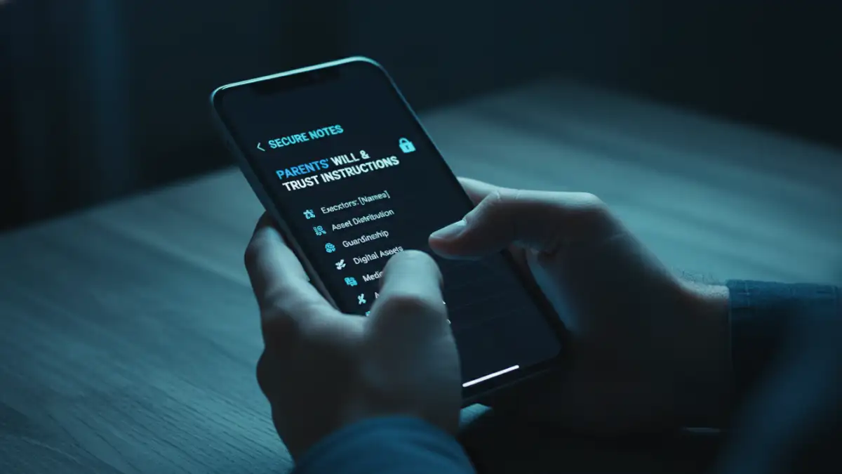 secure family documents - A person securely accessing a digital will using a password manager on their phone.