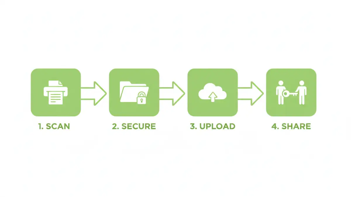 Infographic showing the four steps to secure family documents: scan, encrypt, upload, and share.