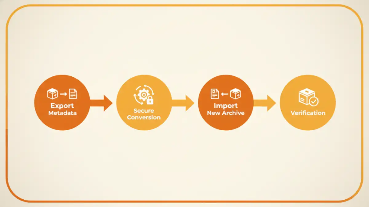 secure file conversions - Infographic flowchart explaining the four key steps of preserving metadata in archive migration.